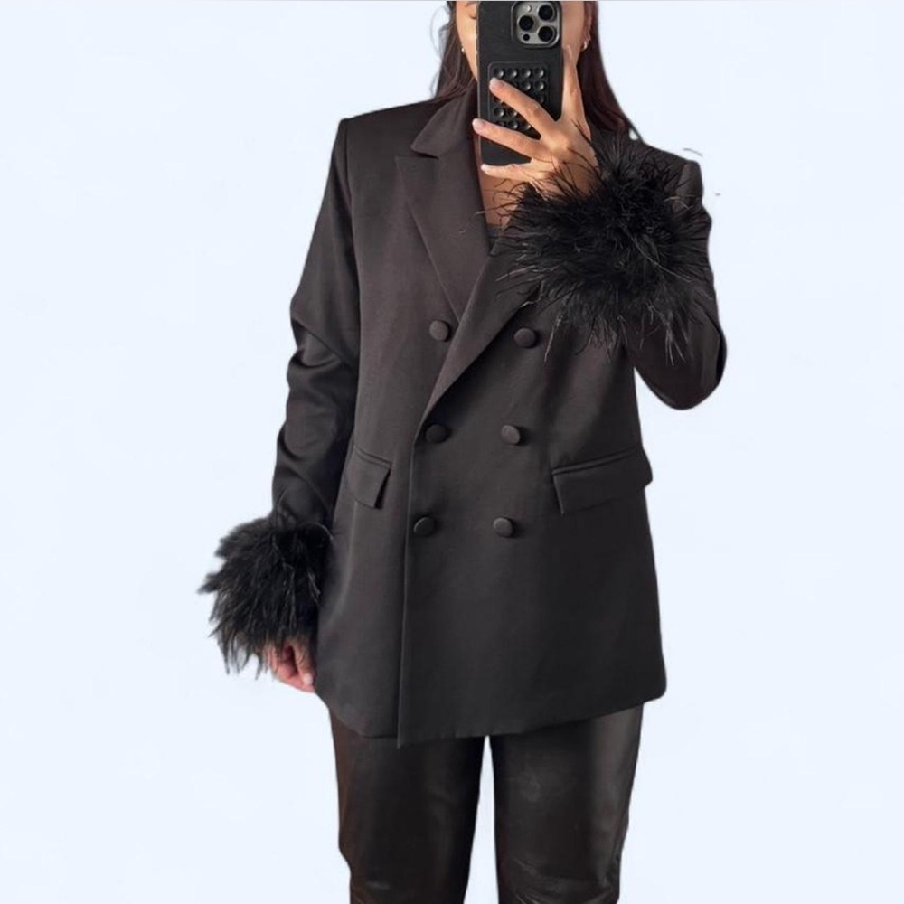 Nasty Gal Black Double-Breasted Blazer with Faux Fur Cuffs